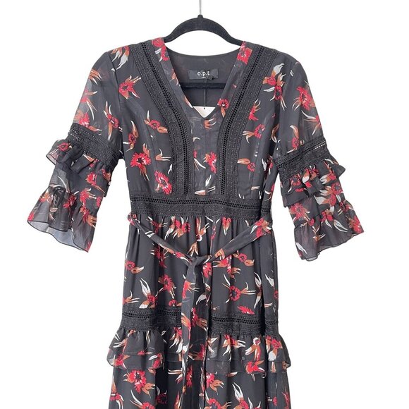 O.P.T Size M Floral Tiered Midi Dress Ruffle Sleeves Crochet Lace Flowy Formal - Picture 4 of 10